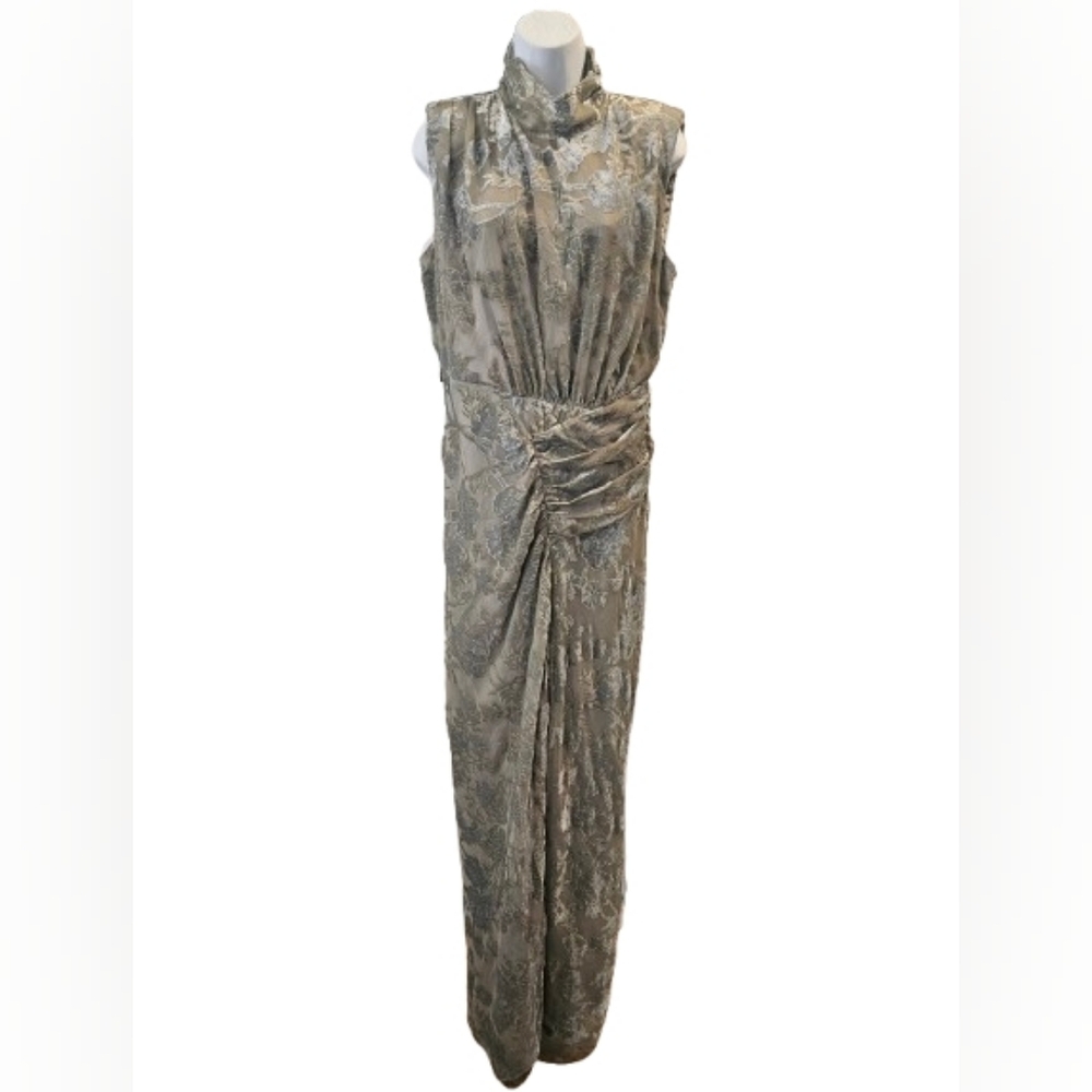 Ronny Kobo Billie Dress Green Metallic Floral High Neck Ruched Maxi Size 14 NWT